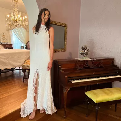 Split lace wedding  dresses,stretch lace wedding dress in ivory