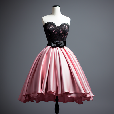 Pink Satin and Black Lace Edge Applique Strapless Short Length Lace Up Back Evening Dress Brithday Homecoming Clothing W1-21.3