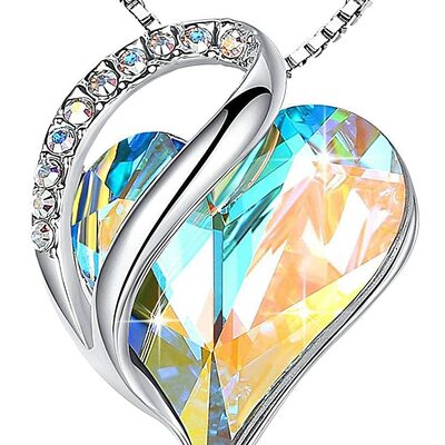 Lake sapphire, love heart pendant necklace birthstone crystal jewelry gifts for women, silver-tone, 16"+2"
