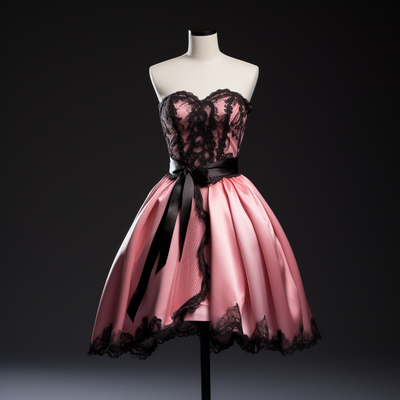 Pink satin and black lace edge applique strapless short length lace up back evening dress brithday homecoming clothing w1-21.4