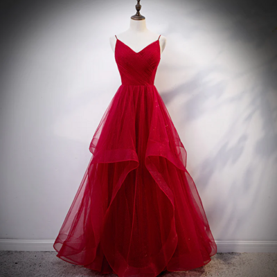 A line straps red tulle long prom dresses - Thumbnail 5