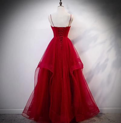 A Line Straps Red Tulle Long Prom Dresses