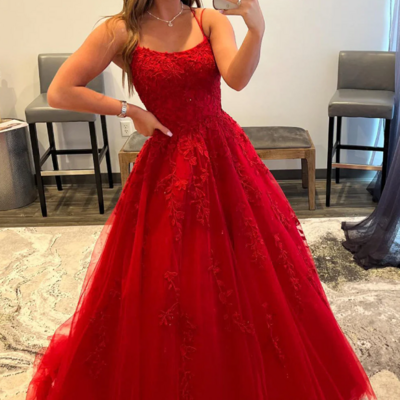 Spaghetti straps red long prom dress with lace appliques - Thumbnail 3