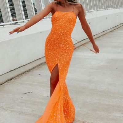 Sparkle orange sequins long prom dress with silt