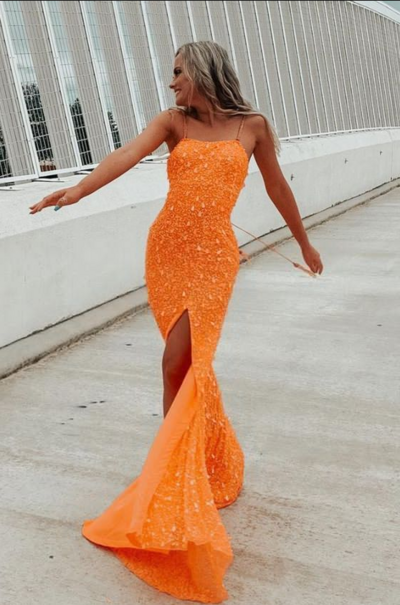 Sparkle Orange Sequins Long Prom Dress With Silt