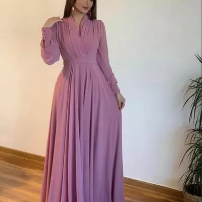 Vintage a-line long sleeve chiffon evening dresses v-neck zipper back robe de soiree floor length formal party gowns with pleats for women - Thumbnail 1