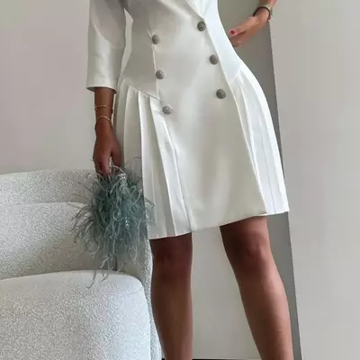 Elegant short crepe v-neck evening dresses with buttons a-line muslim long sleeve pleats zipper back prom dresses formal party gown  - Thumbnail 1