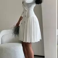 Elegant Short Crepe V-Neck Evening Dresses With Buttons A-Line Muslim Long Sleeve Pleats Zipper Back Prom Dresses Formal Party Gown  - Thumbnail 1