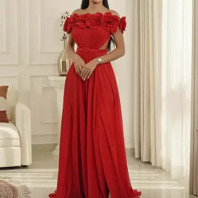 Elegant long red chiffon evening dresses with flowers a-line pleats prom dresses robe de soiree formal party gown for women - Thumbnail 2