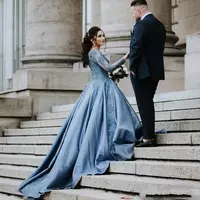 Elegant Gorgeous Blue Evening Dresses Scoop Neck Long Illusion Sleeves Lace Applique Satin Beaded Formal Dress Celebrity Pageant Party Gowns - Thumbnail 1