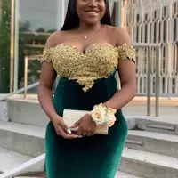 Elegant African Plus Size Velvet Mermaid Prom Dresses For Black Girls Off Shoulder Gold Appliques Beads Formal Dress Evening Party Gowns - Thumbnail 1