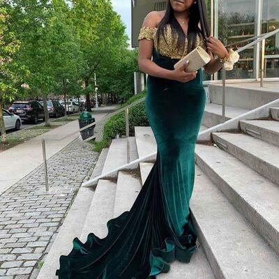 Elegant african plus size velvet mermaid prom dresses for black girls off shoulder gold appliques beads formal dress evening party gowns - Thumbnail 3