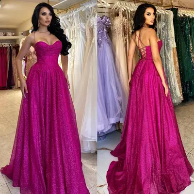 Fuschia a line prom dresses long for women sequins spaghetti straps formal evening party birthday second reception gowns - Thumbnail 2