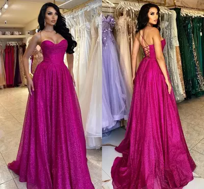 Fuschia A Line Prom Dresses Long for Women Sequins Spaghetti Straps Formal Evening Party Birthday Second Reception Gowns