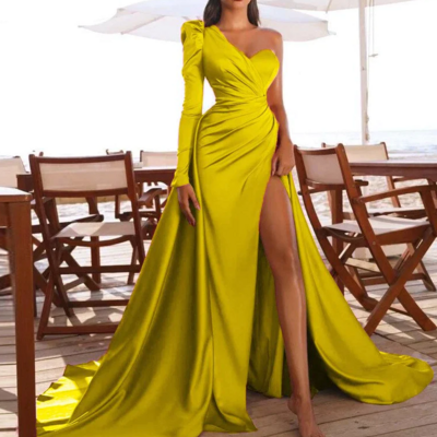 One-shoulder long sleeve prom dress party dress with split - Thumbnail 1