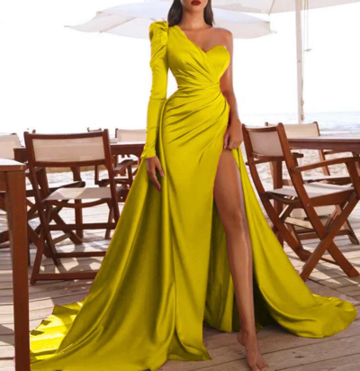 One-shoulder Long Sleeve Prom Dress Party Dress With Split