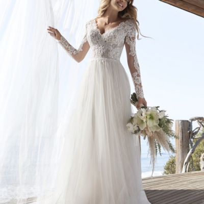 A line ivory long sleeve lace bridal dresses wedding dresses
