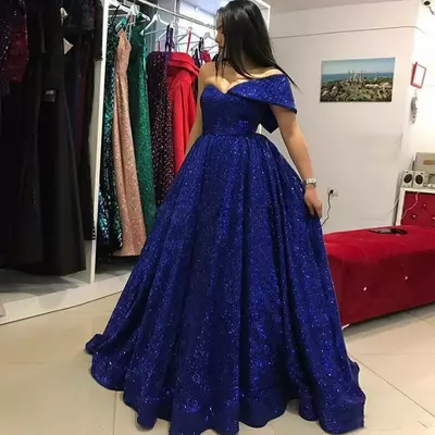 Navy blue sequined prom dresses one shoulder a line evening gowns saudi arabia floor length formal party dress - Thumbnail 2