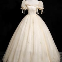 Champagne Tulle Long Prom Dress, Beautiful A-Line Short Sleeve Evening Dress - Thumbnail 1