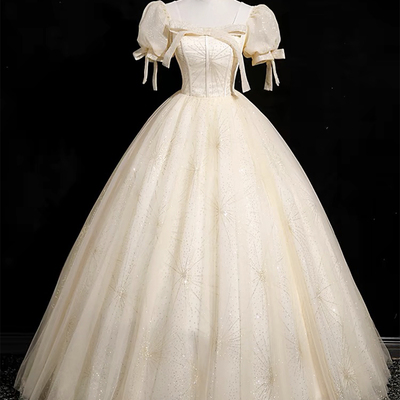 Champagne tulle long prom dress, beautiful a-line short sleeve evening dress