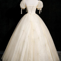 Champagne Tulle Long Prom Dress, Beautiful A-Line Short Sleeve Evening Dress - Thumbnail 2