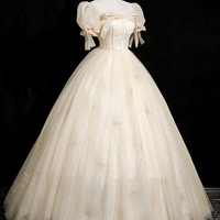 Champagne Tulle Long Prom Dress, Beautiful A-Line Short Sleeve Evening Dress - Thumbnail 3