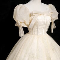 Champagne Tulle Long Prom Dress, Beautiful A-Line Short Sleeve Evening Dress - Thumbnail 4