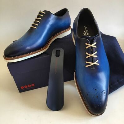 Two tone blue black cont burnished medallion toe white laces real leather shoes - Thumbnail 1