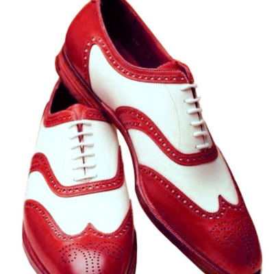 Two tone red white oxford medallion toe wingtip genuine leather laceup shoes
