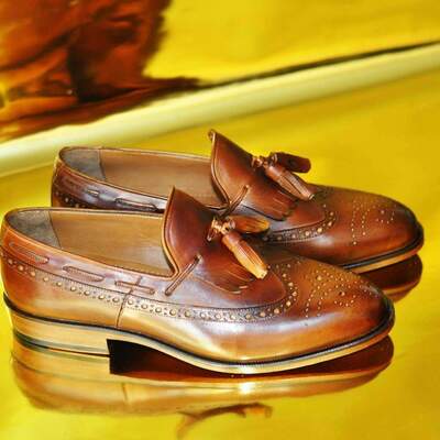Mens handmade wingtip brown tassel loafers style luxury shoe