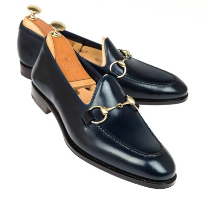 New handmade navy horse-bit loafers dress shoes for men's