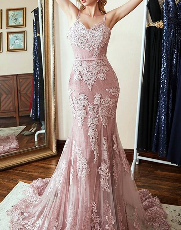 Women's Trumpet/Mermaid Lace Formal Prom Dresses Long Tulle Appliques Evening Party Gowns Long A011