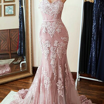 Women's Trumpet/Mermaid Lace Formal Prom Dresses Long Tulle Appliques Evening Party Gowns Long A011