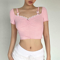 Cute Pink Lace Stitching Cropped Top - Thumbnail 2