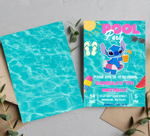 Stitch Pool Birthday Party Invitation and Thank You Card Set | Lilo & Stitch Celebration Theme