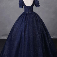 Blue Tulle Beaded Long Prom dress - Thumbnail 1