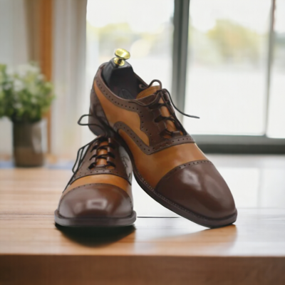 Handmade two tone designer cap toe shoes oxford shoes,men's lace up leather shoes - Thumbnail 1