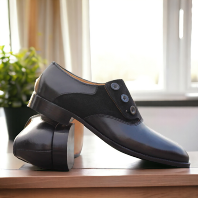Handmade black button shoes, men leather & suede designer shoes - Thumbnail 1