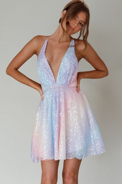 Glitter Sequin Dress Halter Plunging Neckline Backless Sparkly Mini Dress Taylor Swift Eras Tour Concert Outfit Idea 