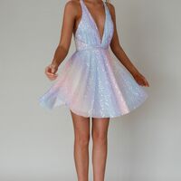 Glitter Sequin Dress Halter Plunging Neckline Backless Sparkly Mini Dress Taylor Swift Eras Tour Concert Outfit Idea  - Thumbnail 4