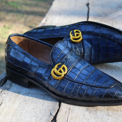 Blue genuine embossed crocodile texture leather loafers dress shoes - Thumbnail 1