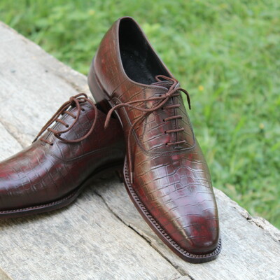 Handmade men alligator oxford shoes, men brown crocodile dress lace up shoes - Thumbnail 2