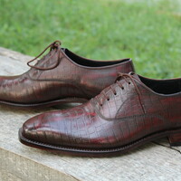 Handmade Men Alligator Oxford Shoes, Men Brown Crocodile Dress Lace up Shoes - Thumbnail 1