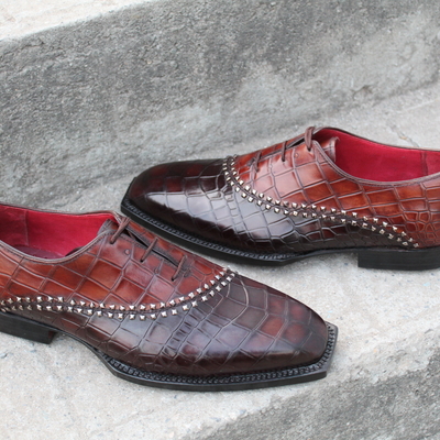 Luxury handmade mens unique brown crocodile texture leather alligator dress fashion oxford shoes - Thumbnail 1