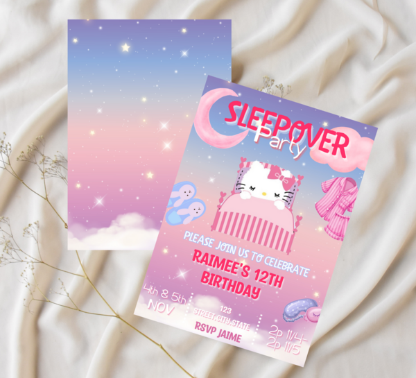 Kitty Sleepover Slumber Birthday Invitation and Thank You Card Set | Kawaii Celebration Duo"