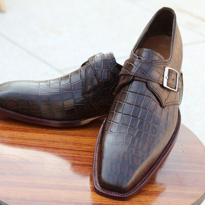 Dark brown crocodile texture leather monk strap dress shoes - Thumbnail 2