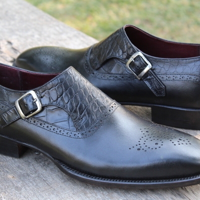 Handmade men alligator black monk strap crocodile dress shoes - Thumbnail 2