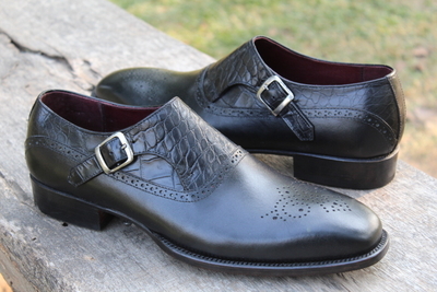 Handmade Men Alligator Black Monk Strap Crocodile Dress Shoes