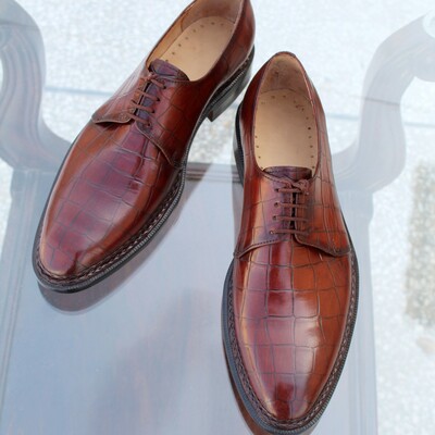 Handmade brown norwegian welted classic crocodilealligator lace up dress shoes