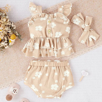 Baby girl clothes, baby girl beige outfit, floral print, casual, summer clothing, sleeveless top and shorts set, free shipping